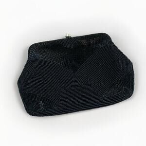 Vintage Black Beaded Handbag Formal Purple Kiss Lock Lined Chain Clutch